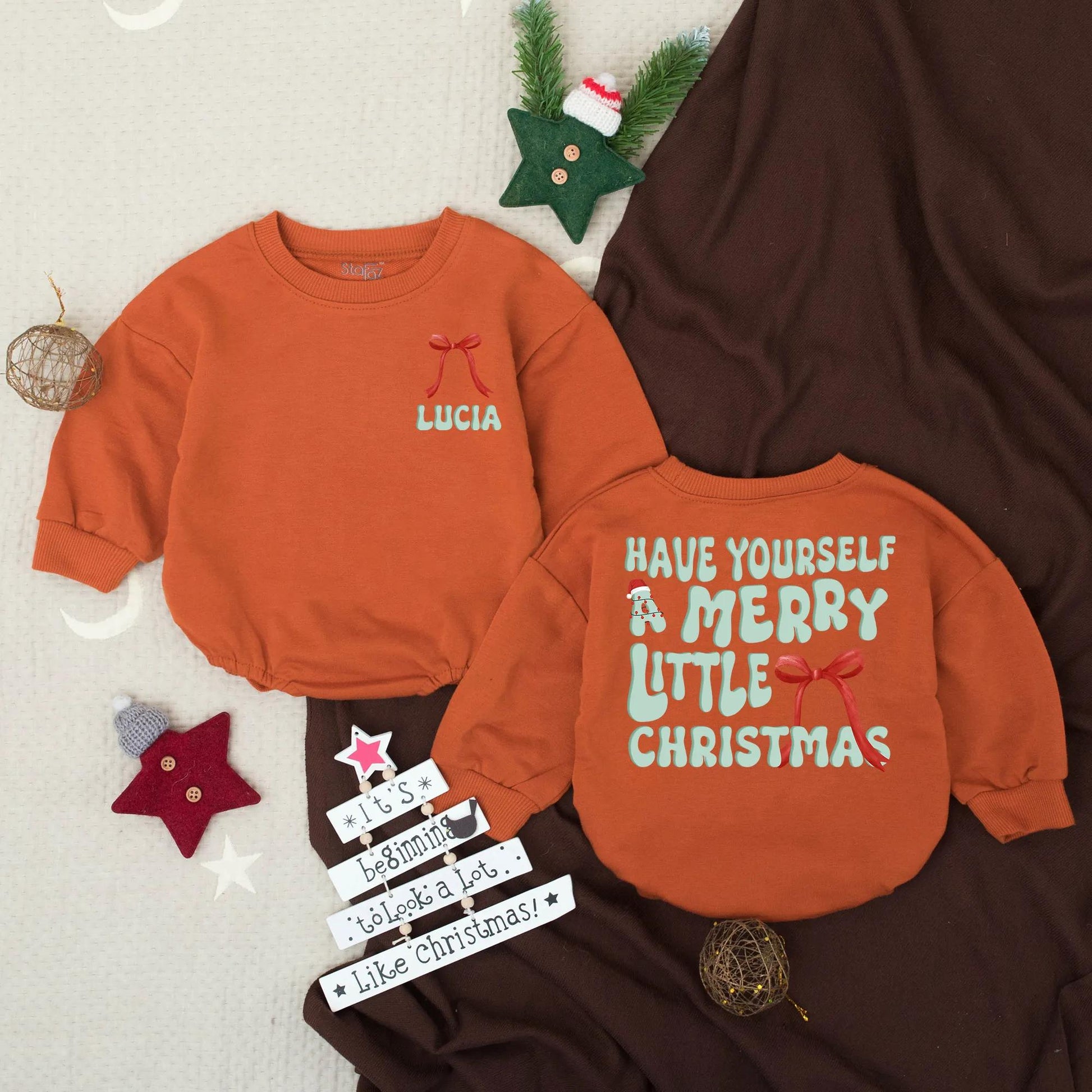 Merry Christmas Baby Romper Outfit with Red Ribbon Accent, First Christmas Toddler Sweatshirt Holiday Clothes, Personalized Lucia Romper, Cute Xmas Tree