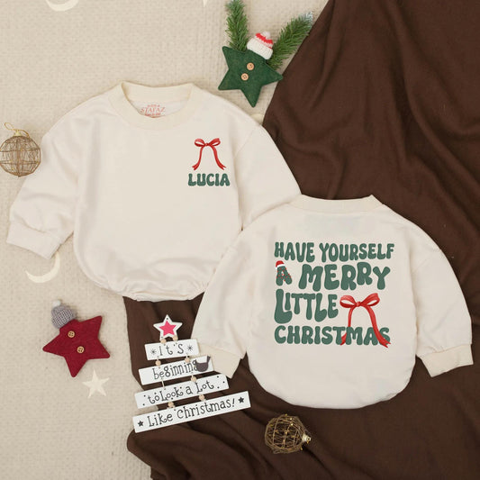 Merry Christmas Baby Romper Outfit with Red Ribbon Accent, First Christmas Toddler Sweatshirt Holiday Clothes, Personalized Lucia Romper, Cute Xmas Tree