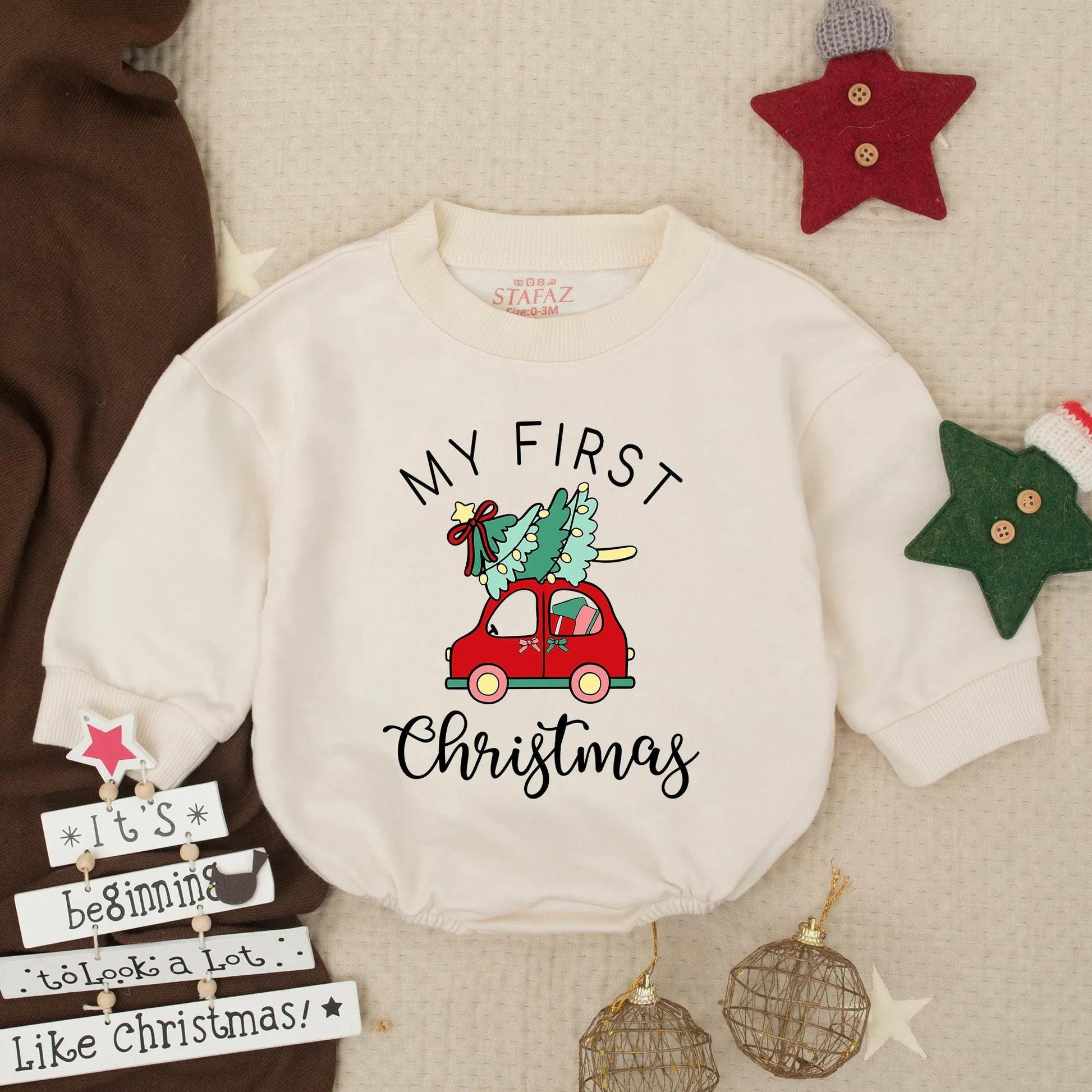 My First Christmas Baby Romper Outfit, Red Car with Tree, Girl's Festive Sweatshirt, Holiday Gift, Whimsical Christmas Baby Clothes 1st Xmas 138 chr