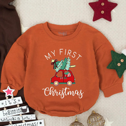 My First Christmas Baby Romper Outfit, Red Car with Tree, Girl's Festive Sweatshirt, Holiday Gift, Whimsical Christmas Baby Clothes 1st Xmas 138 chr