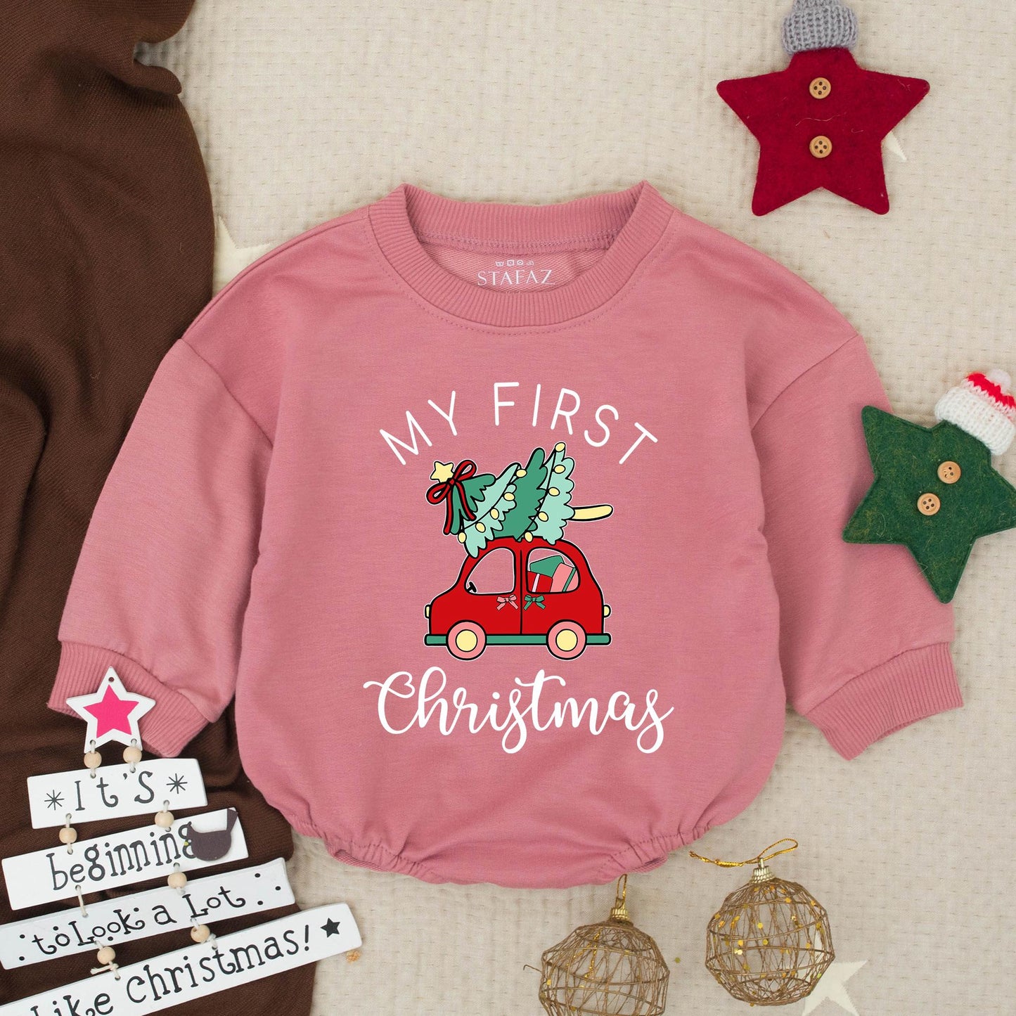 My First Christmas Baby Romper Outfit, Red Car with Tree, Girl's Festive Sweatshirt, Holiday Gift, Whimsical Christmas Baby Clothes 1st Xmas 138 chr