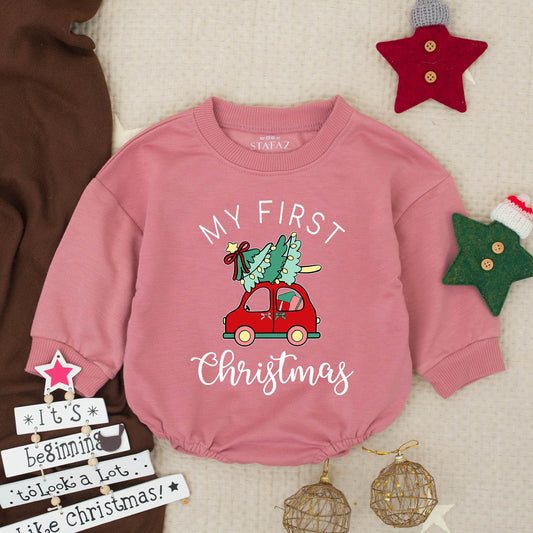 My First Christmas Baby Romper Outfit, Red Car with Tree, Girl's Festive Sweatshirt, Holiday Gift, Whimsical Christmas Baby Clothes 1st Xmas 138 chr