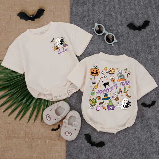 Personalized Baby Halloween Bubble Romper with Spooky Cartoon Graphics, Cute Ghost Pumpkin Cauldron Design, Spooky One Fall First Birthday Outfit