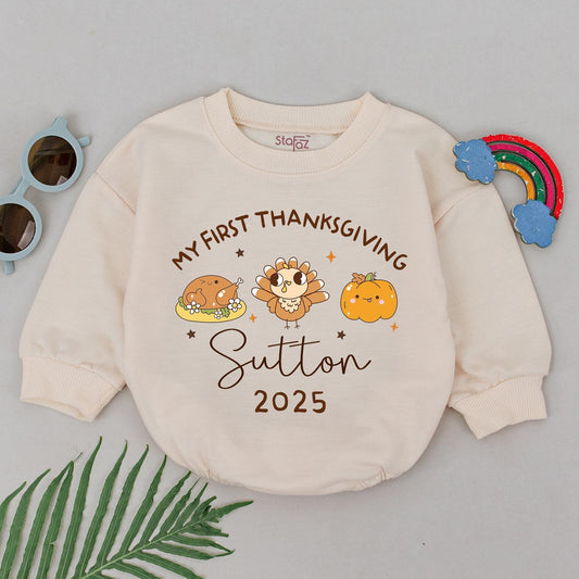 Personalized My First Thanksgiving Romper, Custom Sutton 2025 Bodysuit, Little Turkey Pumpkin Outfit, Soft Baby Clothes, Whimsical Gift, Cute 2025 