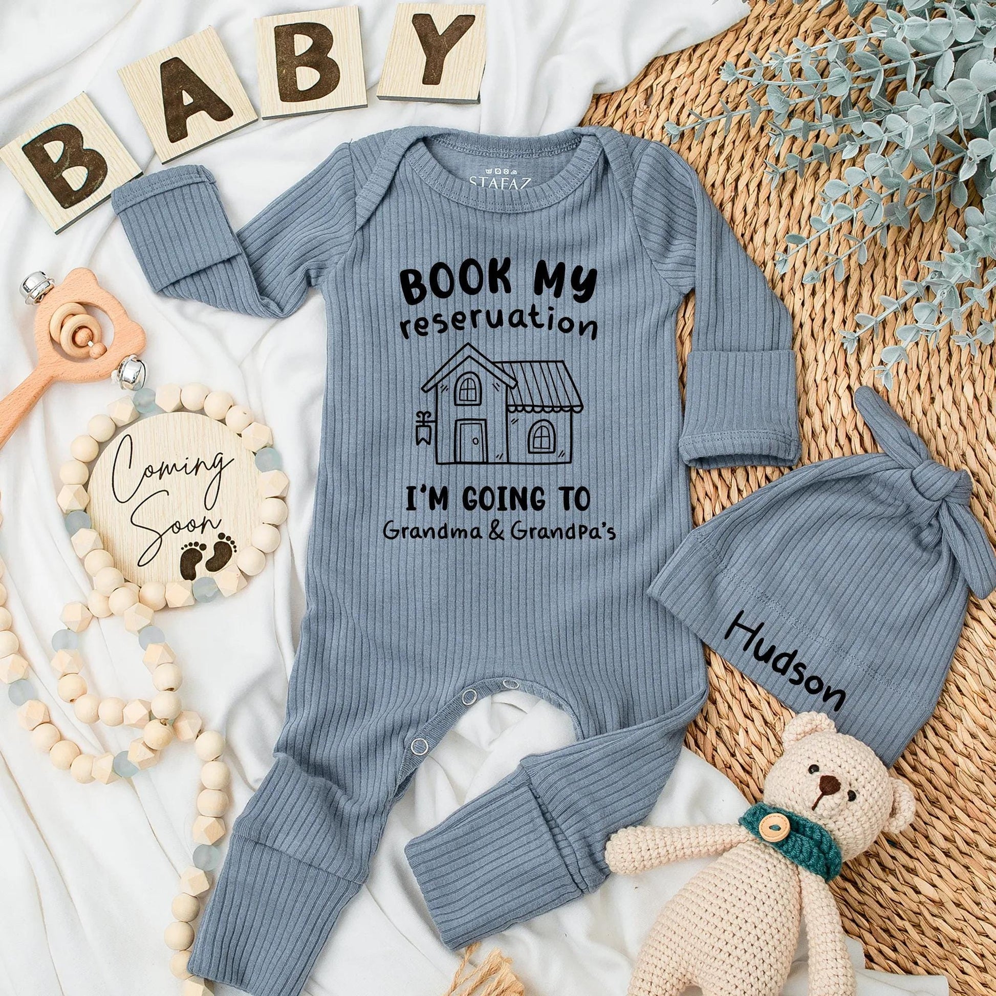 Book My Reservation Baby Bodysuit Grandma Grandpa Visit Cute House Line Art Black Text Newborn Outfit Gift