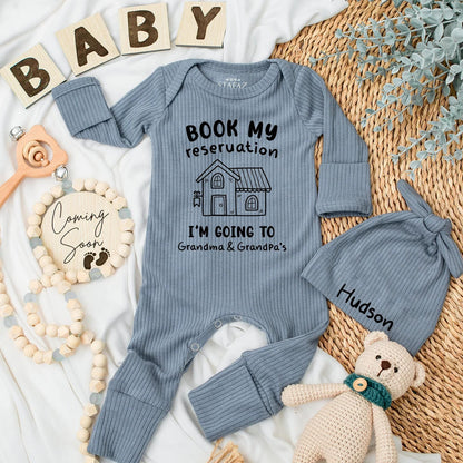 Book My Reservation Baby Bodysuit Grandma Grandpa Visit Cute House Line Art Black Text Newborn Outfit Gift