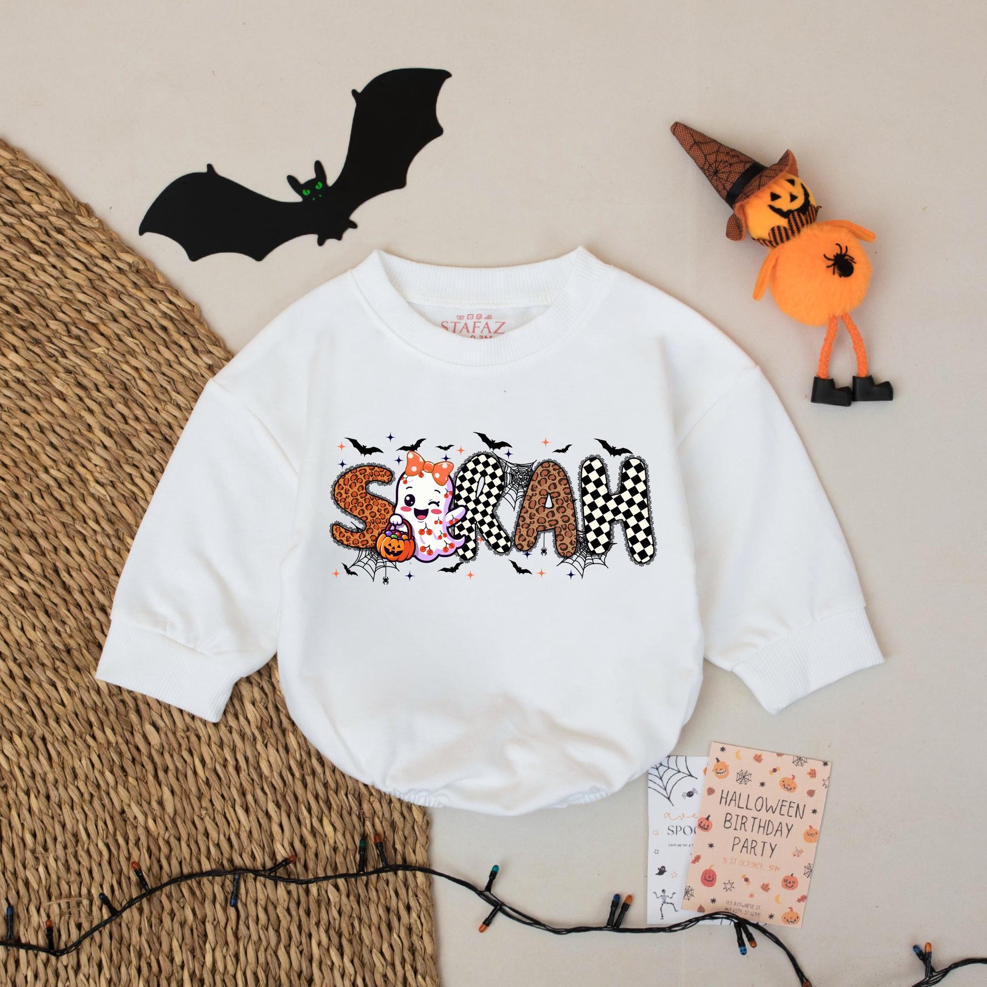 Personalized Sarah Halloween Baby Bubble Romper Ghost Bats Checkerboard Leopard Print First Halloween Outfit Girl Infant Gift Festive Cute Clothes