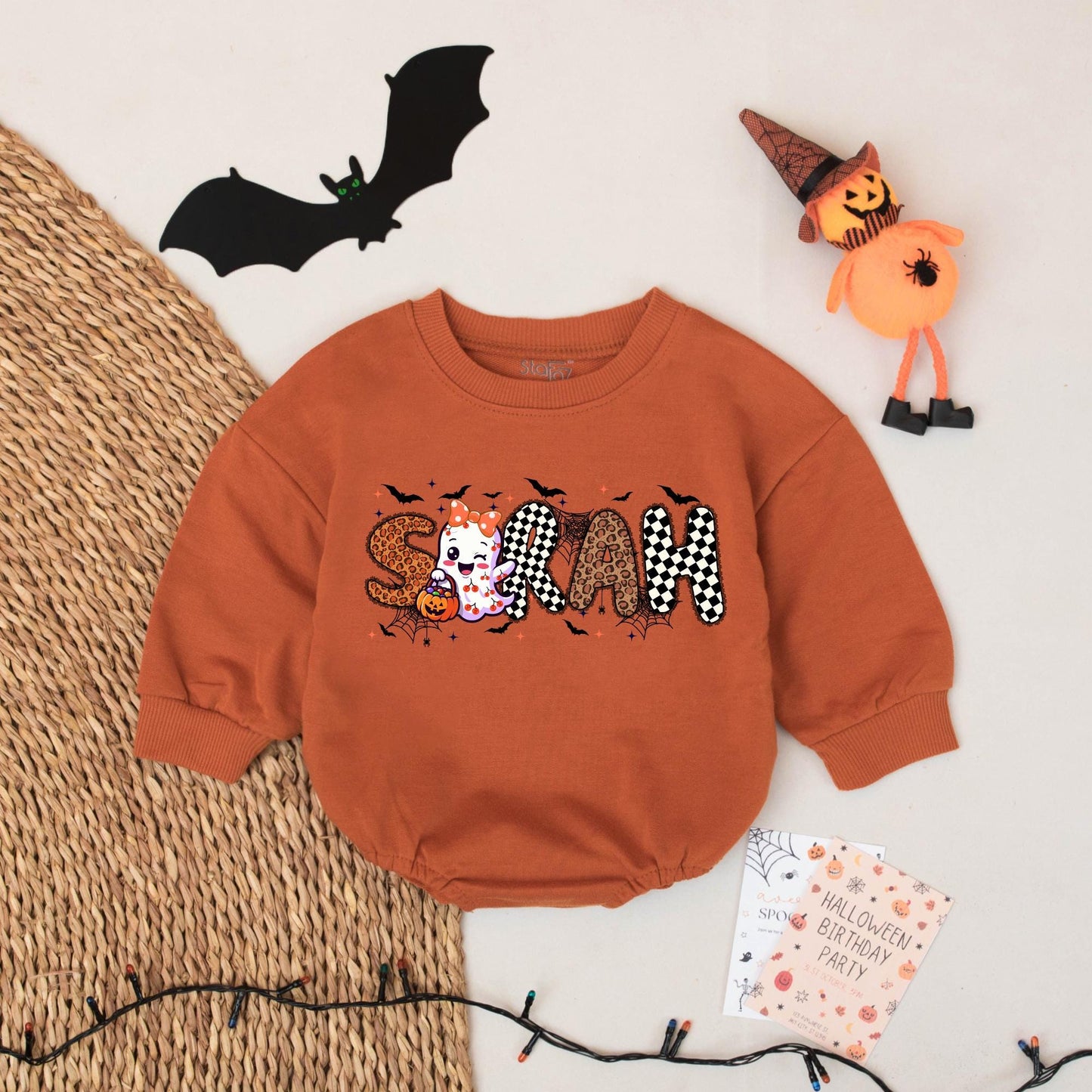 Personalized Sarah Halloween Baby Bubble Romper Ghost Bats Checkerboard Leopard Print First Halloween Outfit Girl Infant Gift Festive Cute Clothes