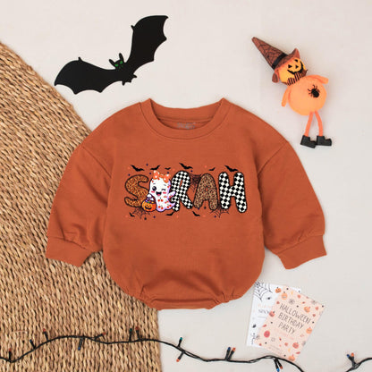 Personalized Sarah Halloween Baby Bubble Romper Ghost Bats Checkerboard Leopard Print First Halloween Outfit Girl Infant Gift Festive Cute Clothes