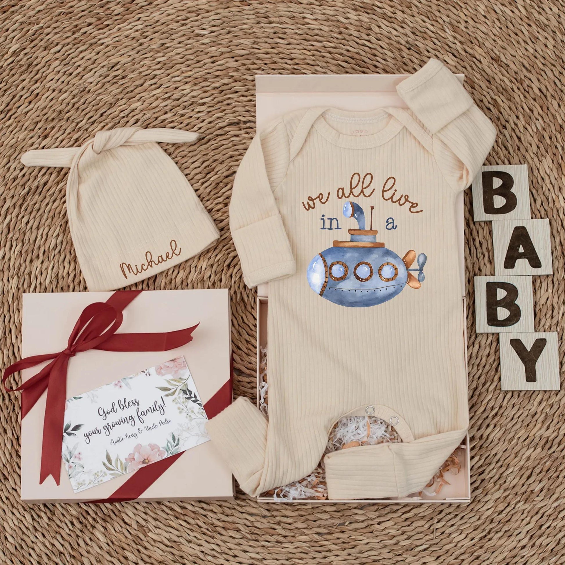 We All Live in a Submarine Baby Bodysuit Under The Sea Ocean Adventure Newborn Romper Baby Boy Clothes Whimsical Blue Brown Design