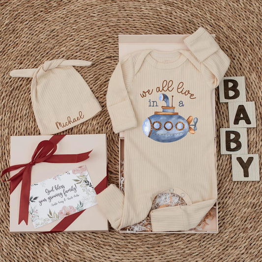 We All Live in a Submarine Baby Bodysuit Under The Sea Ocean Adventure Newborn Romper Baby Boy Clothes Whimsical Blue Brown Design