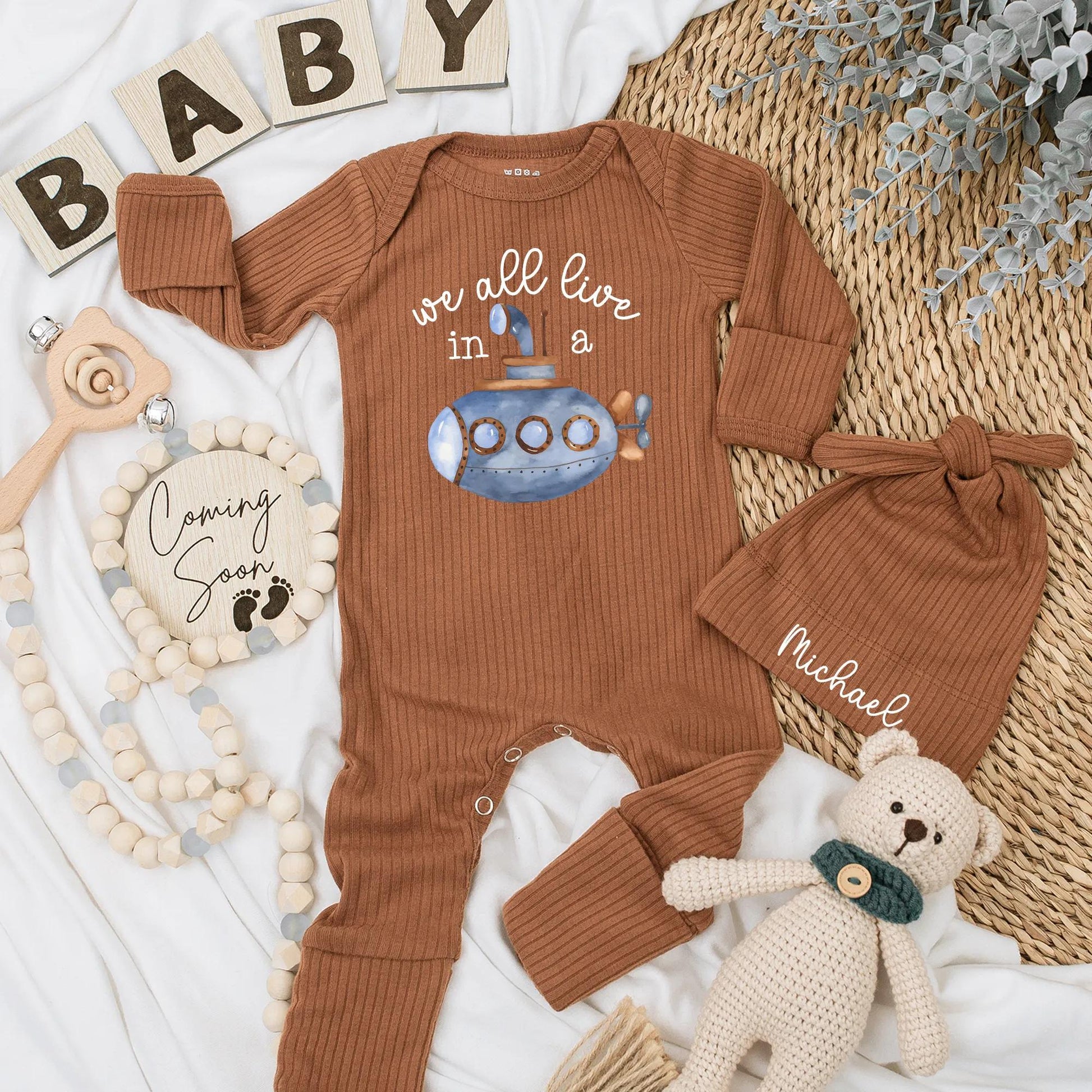 We All Live in a Submarine Baby Bodysuit Under The Sea Ocean Adventure Newborn Romper Baby Boy Clothes Whimsical Blue Brown Design