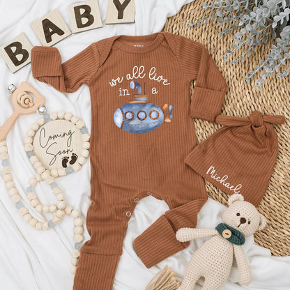 We All Live in a Submarine Baby Bodysuit Under The Sea Ocean Adventure Newborn Romper Baby Boy Clothes Whimsical Blue Brown Design