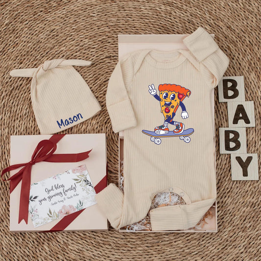 Pizza Skateboard Baby Bodysuit, Funny Food Newborn Outfit, Cool Skater Boy Clothes, Retro Pizza Slice Design, Baby Shower Gift for Pizza Lover (139 chars)