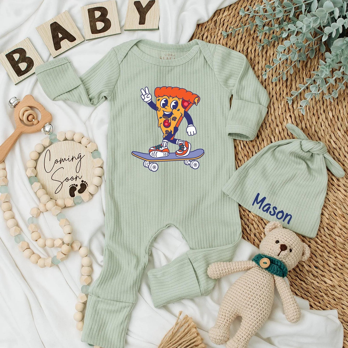 Pizza Skateboard Baby Bodysuit, Funny Food Newborn Outfit, Cool Skater Boy Clothes, Retro Pizza Slice Design, Baby Shower Gift for Pizza Lover (139 chars)
