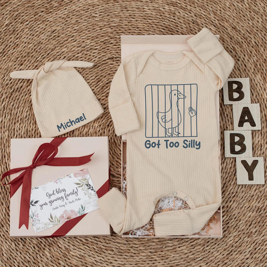 Funny "Got Too Silly" Baby Bodysuit with Cartoon Jail Goose Design, Cute Blue Newborn Boy Coming Home Outfit Gift