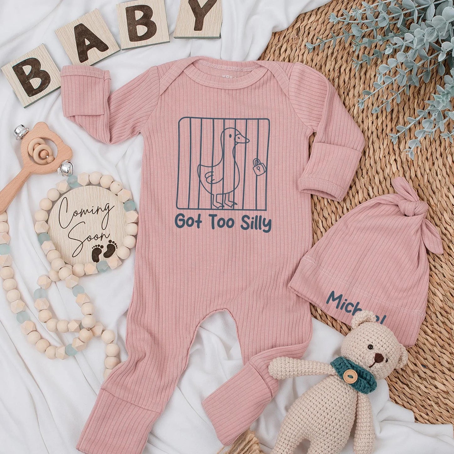 Funny "Got Too Silly" Baby Bodysuit with Cartoon Jail Goose Design, Cute Blue Newborn Boy Coming Home Outfit Gift