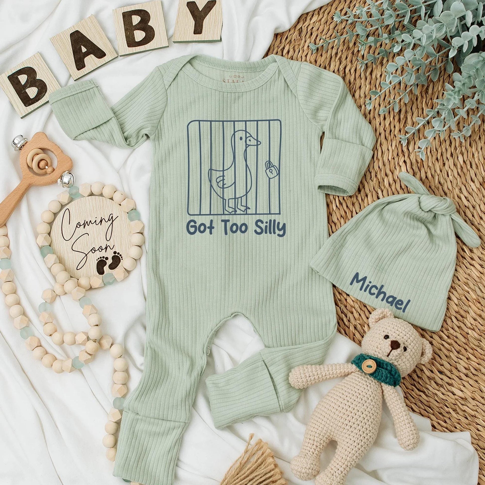 Funny "Got Too Silly" Baby Bodysuit with Cartoon Jail Goose Design, Cute Blue Newborn Boy Coming Home Outfit Gift