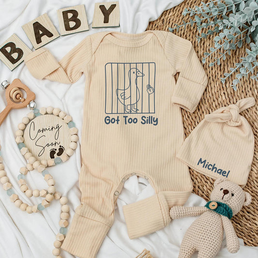 Funny "Got Too Silly" Baby Bodysuit with Cartoon Jail Goose Design, Cute Blue Newborn Boy Coming Home Outfit Gift