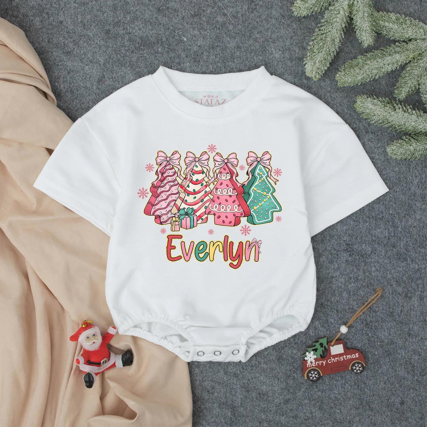 Everlyn's First Christmas Romper: Baby Girl Pink Christmas Tree Outfit, Festive Holiday Bubble Romper, Cute Personalized Xmas Gift, Polka Dot Sleeper 139