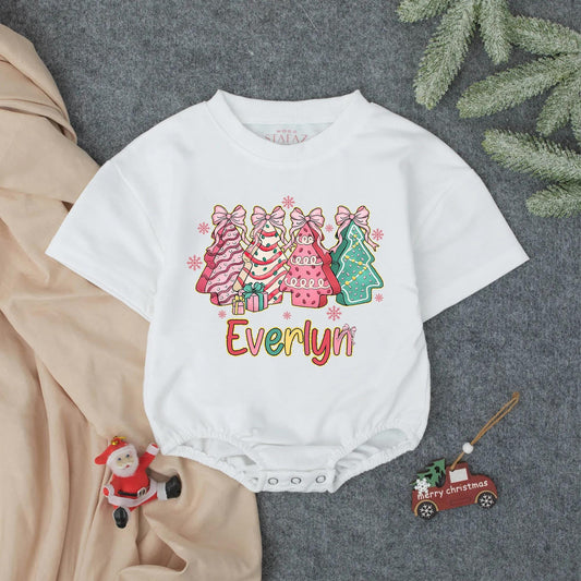 Everlyn's First Christmas Romper: Baby Girl Pink Christmas Tree Outfit, Festive Holiday Bubble Romper, Cute Personalized Xmas Gift, Polka Dot Sleeper 139