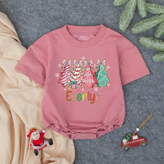 Everlyn's First Christmas Romper: Baby Girl Pink Christmas Tree Outfit, Festive Holiday Bubble Romper, Cute Personalized Xmas Gift, Polka Dot Sleeper 139
