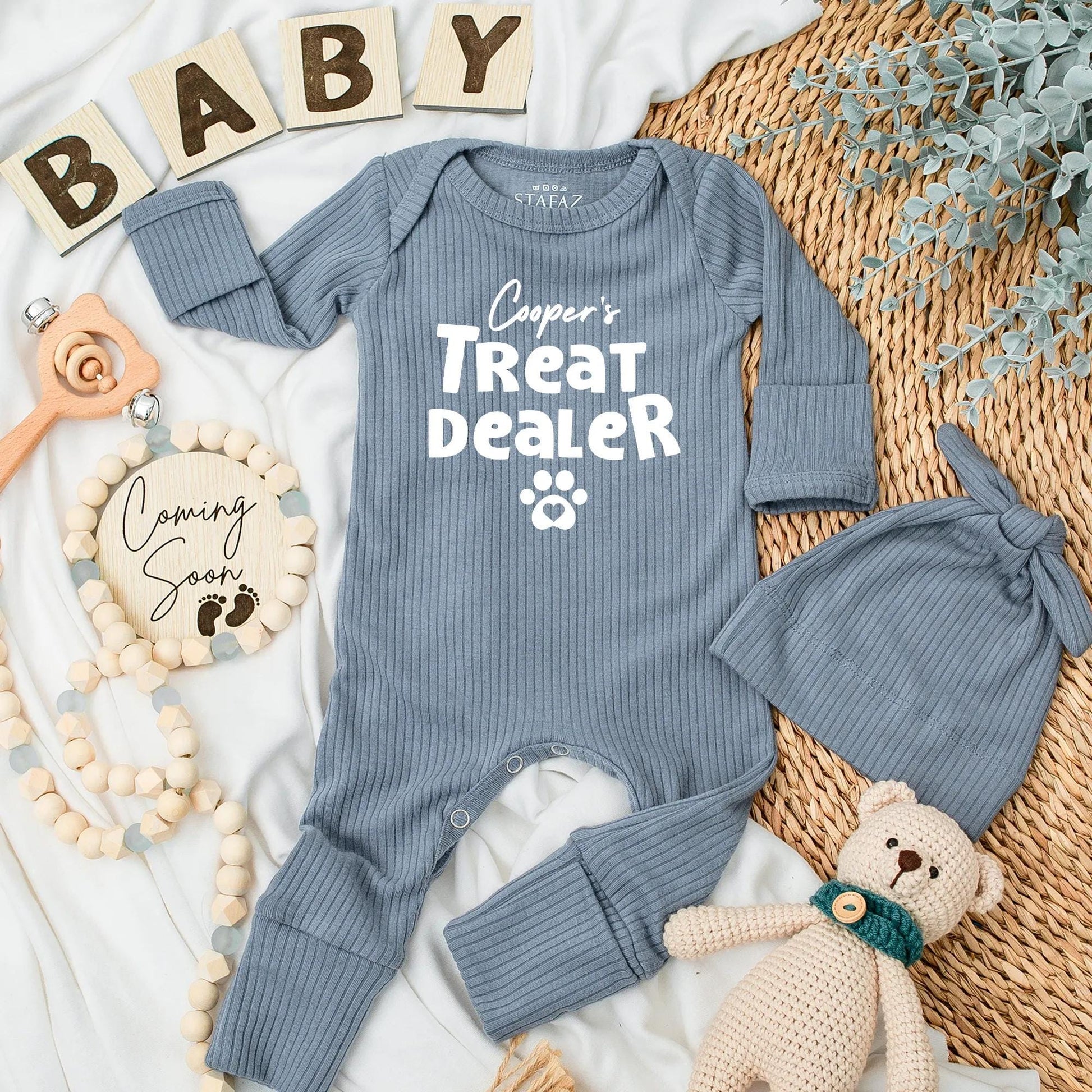 Cooper's Treat Dealer Baby Bodysuit, Funny Dog Lover Outfit, Paw Print Newborn Clothes, Personalized Gift for Pet Lovers, Treat Dealer, 134 chars