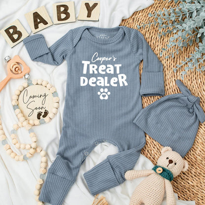 Cooper's Treat Dealer Baby Bodysuit, Funny Dog Lover Outfit, Paw Print Newborn Clothes, Personalized Gift for Pet Lovers, Treat Dealer, 134 chars