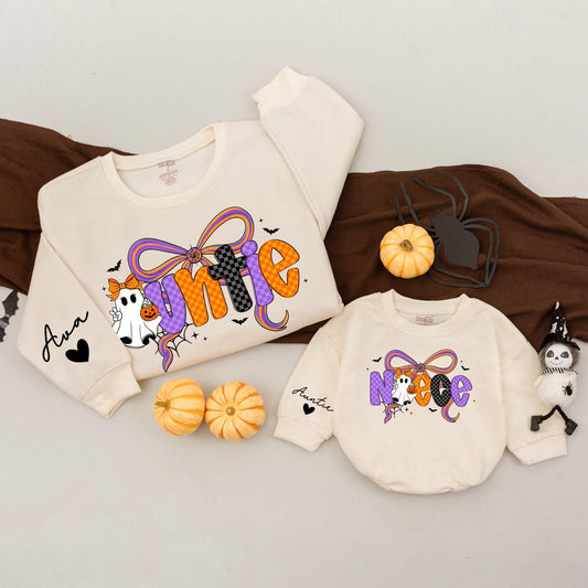 Custom Name Auntie Niece Matching Halloween Sweatshirts Spooky Ghost Pumpkin Bow Colorful Checkered Bats Stars Web Family Cozy Outfit