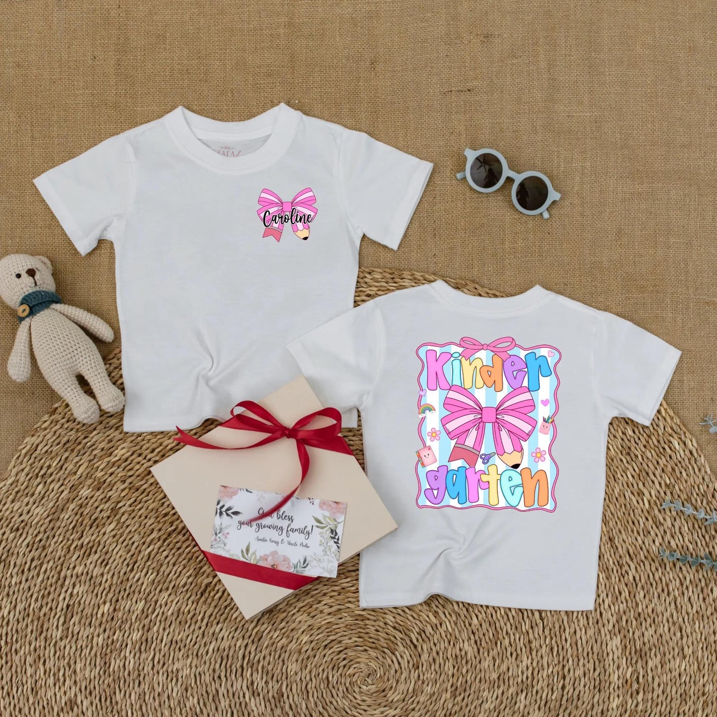 Cute Caroline Kindergarten Shirt Personalized Pink Pencil Bow Toddler Back To School Girls First Day Outfit