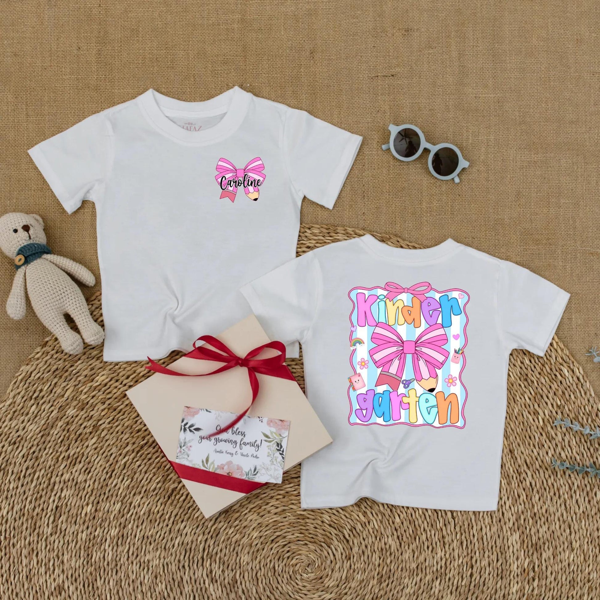 Cute Caroline Kindergarten Shirt Personalized Pink Pencil Bow Toddler Back To School Girls First Day Outfit