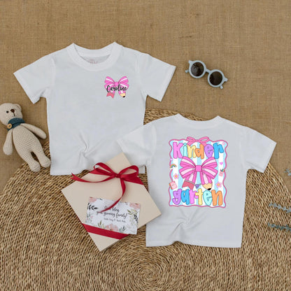 Cute Caroline Kindergarten Shirt Personalized Pink Pencil Bow Toddler Back To School Girls First Day Outfit