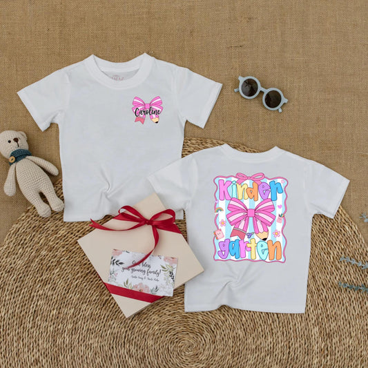 Cute Caroline Kindergarten Shirt Personalized Pink Pencil Bow Toddler Back To School Girls First Day Outfit