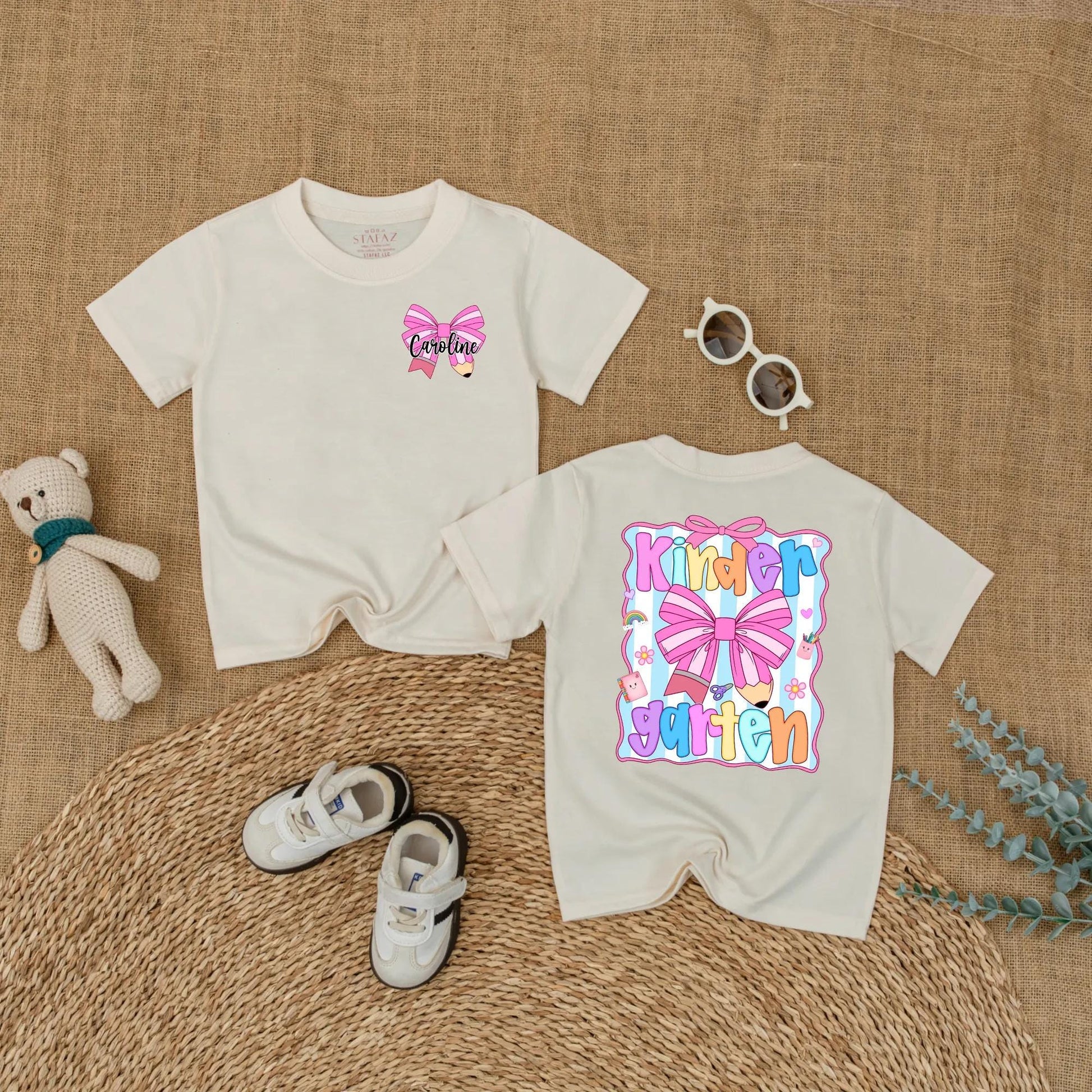 Cute Caroline Kindergarten Shirt Personalized Pink Pencil Bow Toddler Back To School Girls First Day Outfit