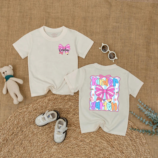Cute Caroline Kindergarten Shirt Personalized Pink Pencil Bow Toddler Back To School Girls First Day Outfit