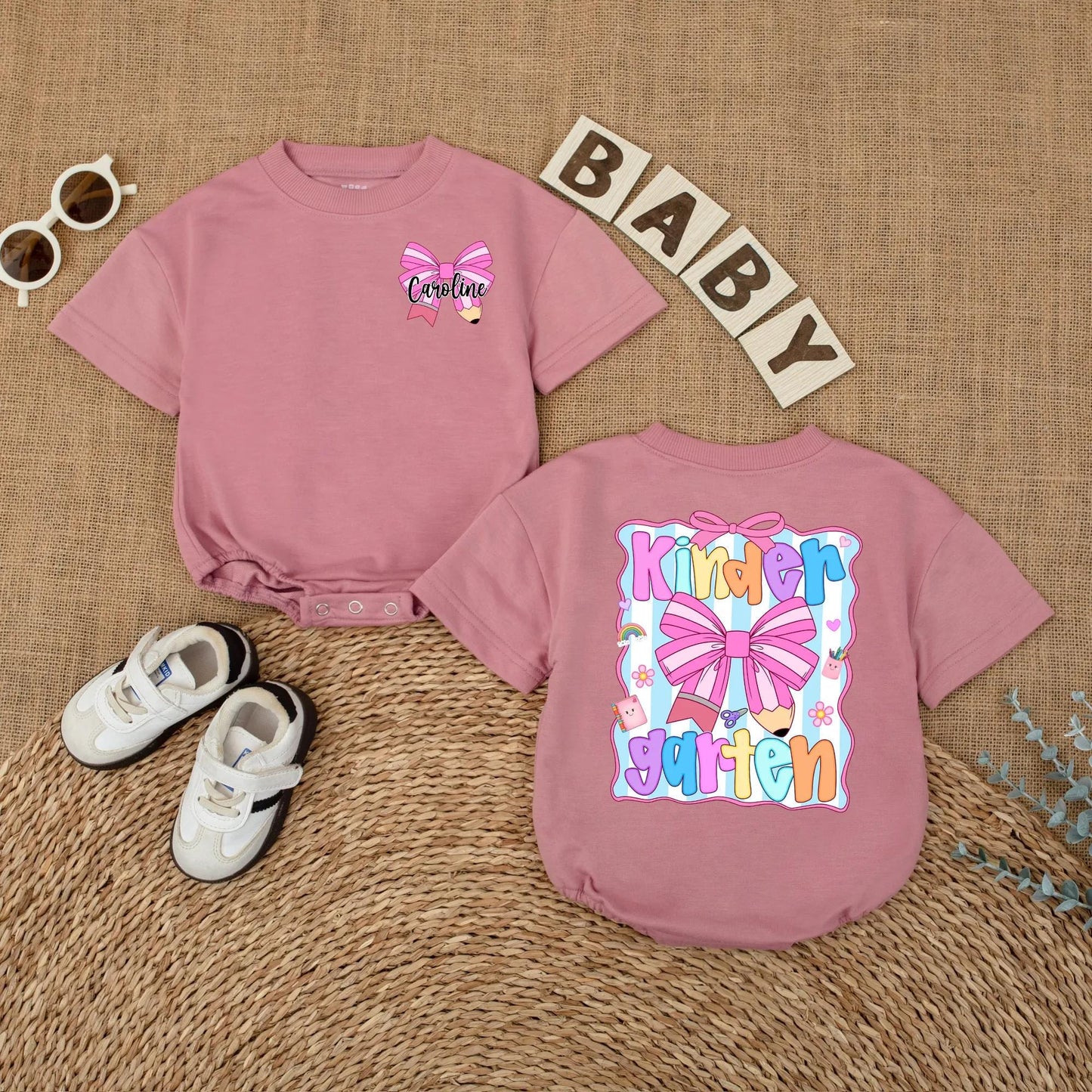 Cute Caroline Kindergarten Shirt Personalized Pink Pencil Bow Toddler Back To School Girls First Day Outfit