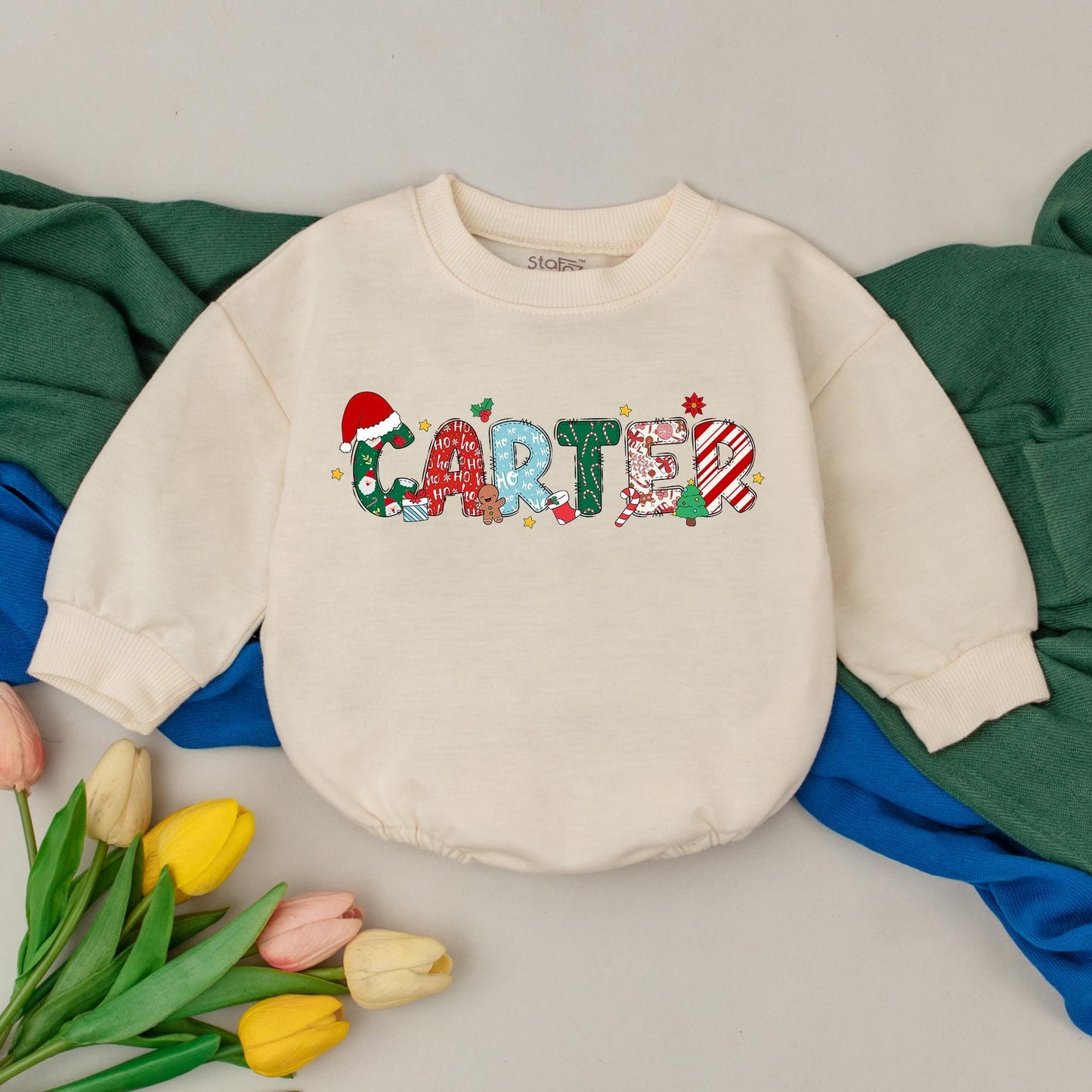 Personalized Christmas Romper: CARTER Name Bodysuit with Festive Holiday Letters & Gold Stars, First Christmas Outfit, Baby Xmas Clothes Gift for Baby Girl (139 chars)