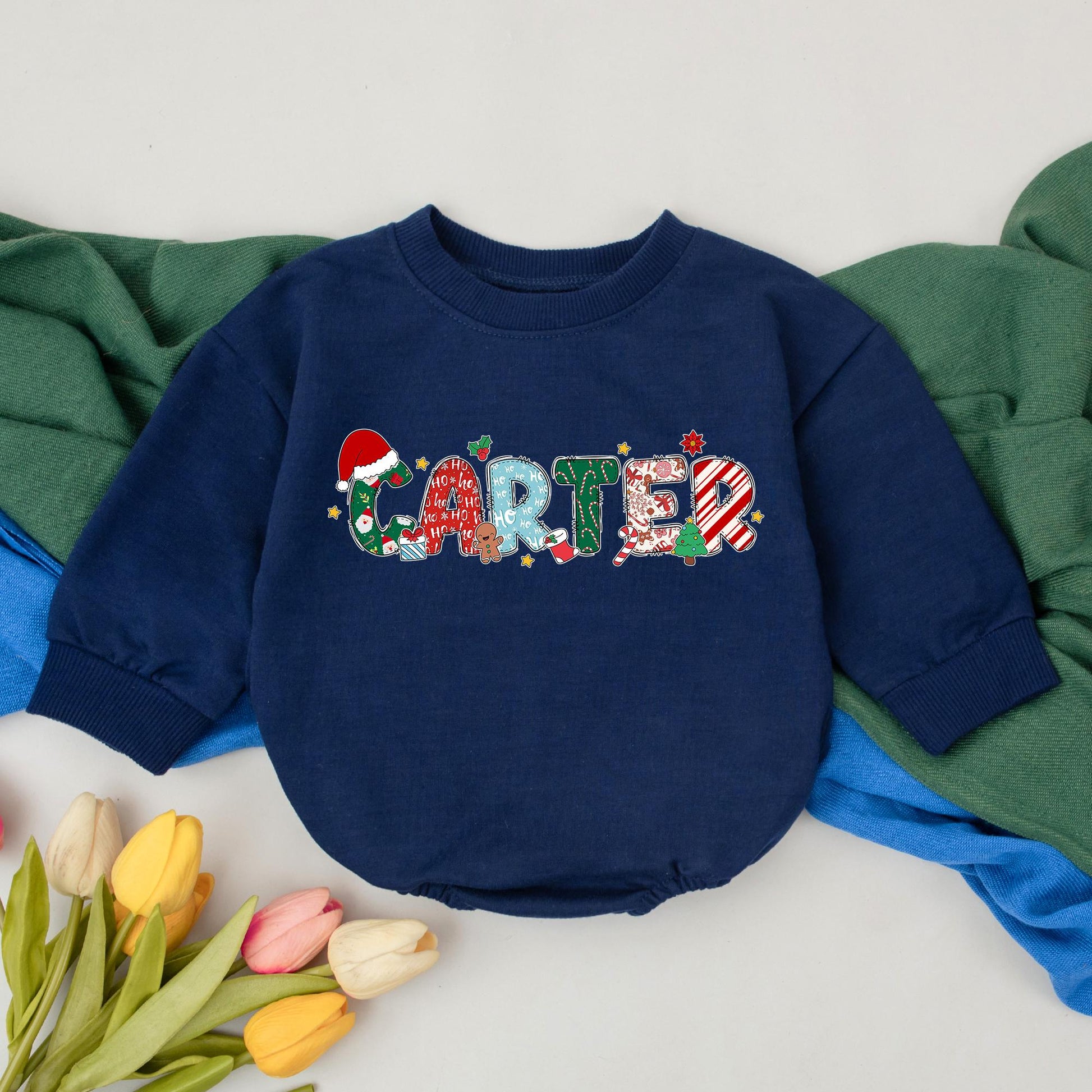 Personalized Christmas Romper: CARTER Name Bodysuit with Festive Holiday Letters & Gold Stars, First Christmas Outfit, Baby Xmas Clothes Gift for Baby Girl (139 chars)