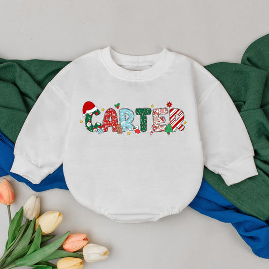 Personalized Christmas Romper: CARTER Name Bodysuit with Festive Holiday Letters & Gold Stars, First Christmas Outfit, Baby Xmas Clothes Gift for Baby Girl (139 chars)