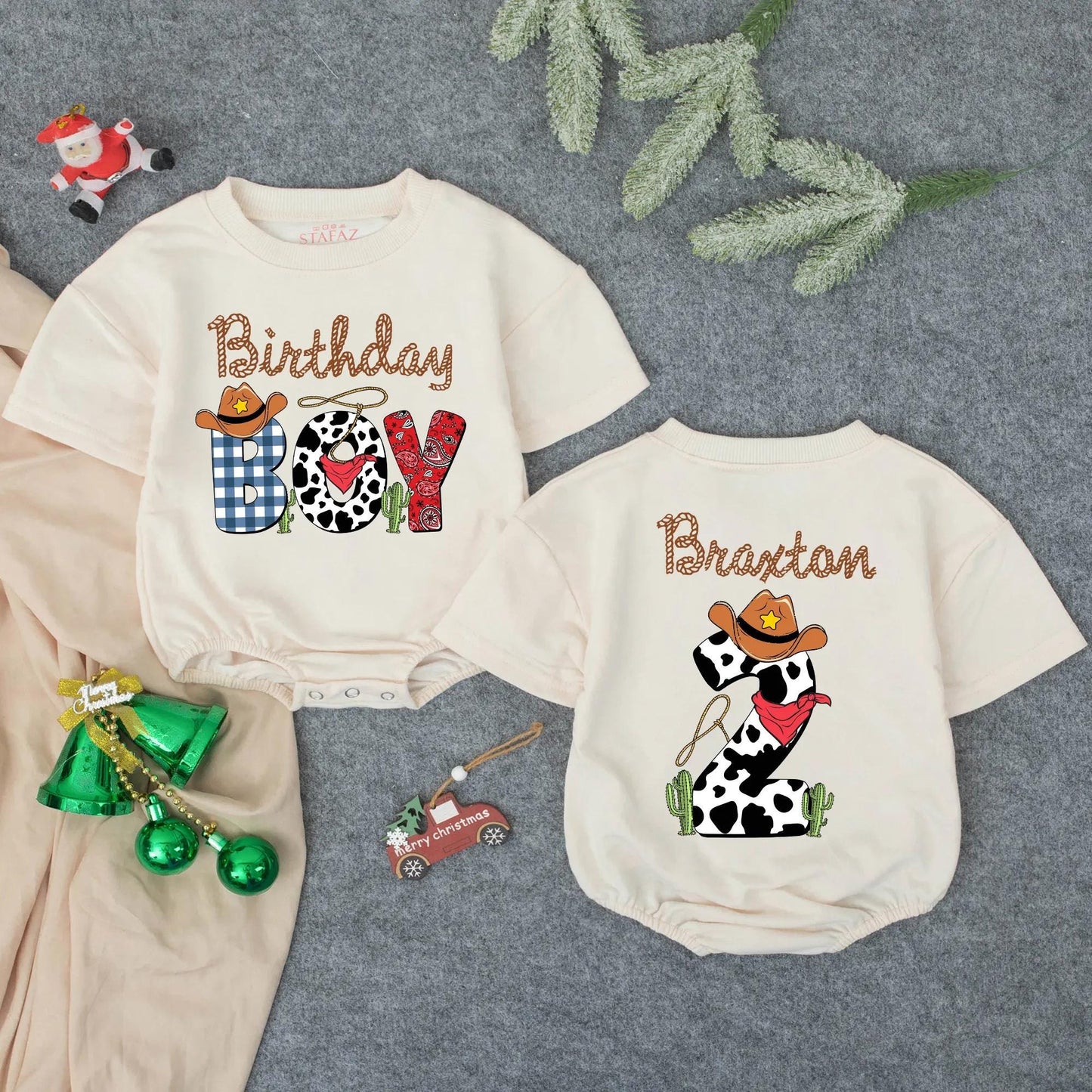Western Birthday Boy Romper with Cowboy Hat and Cacti - My First Rodeo Outfit Custom Name Baby Clothing