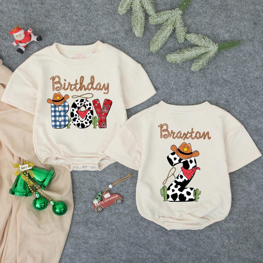 Western Birthday Boy Romper with Cowboy Hat and Cacti - My First Rodeo Outfit Custom Name Baby Clothing
