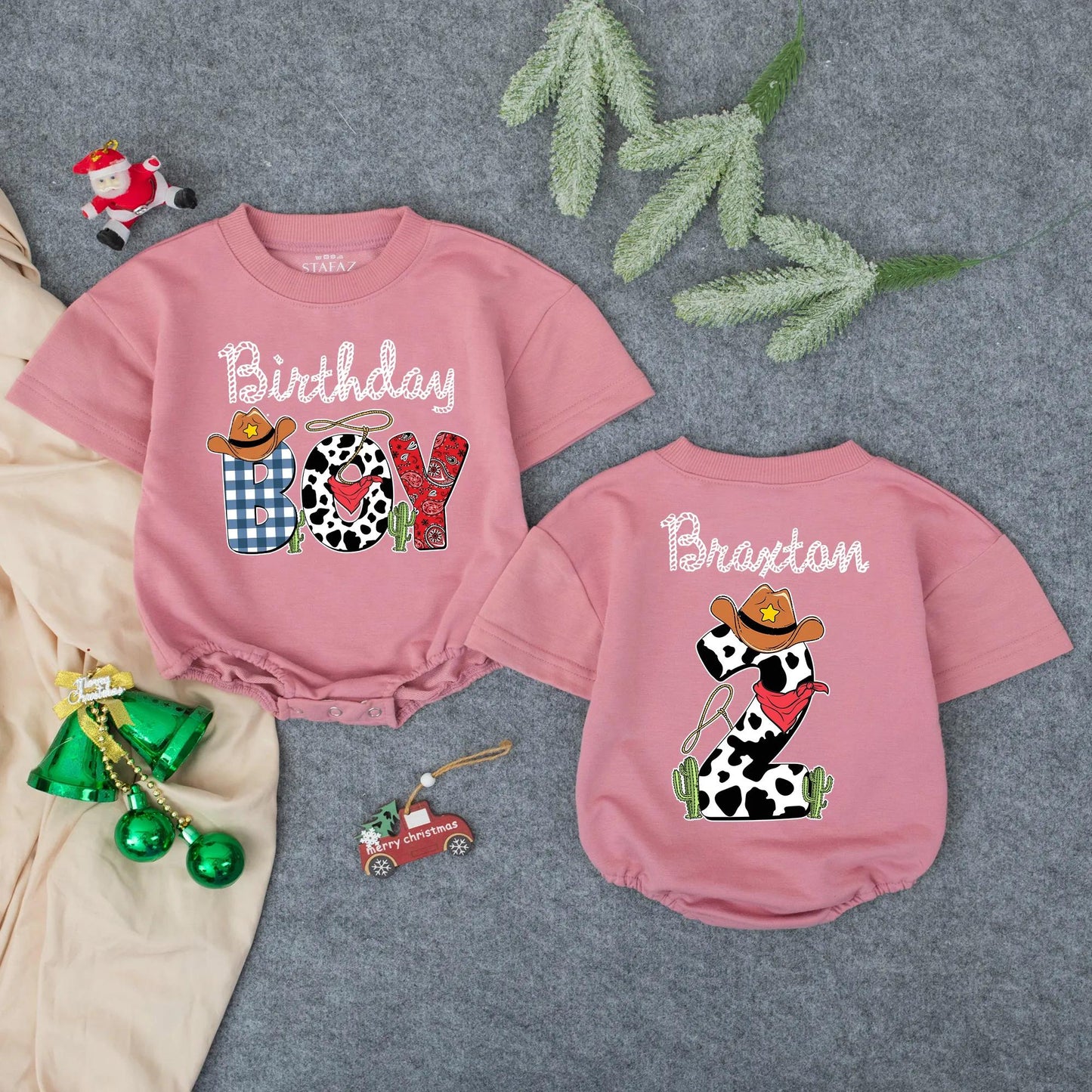 Western Birthday Boy Romper with Cowboy Hat and Cacti - My First Rodeo Outfit Custom Name Baby Clothing