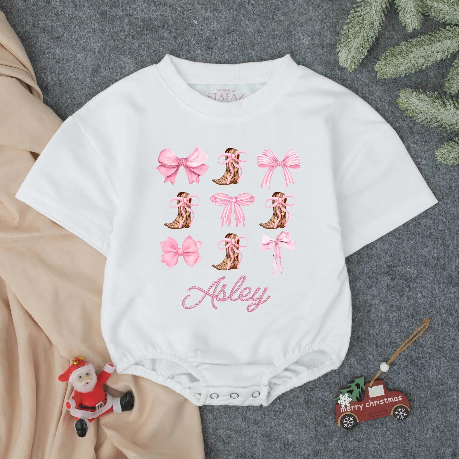 Custom Asley Cowgirl Boots Bows Romper Whimsical Western Baby Girl Outfit Summer Shower Gift Toddler Clothes