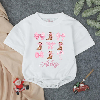 Custom Asley Cowgirl Boots Bows Romper Whimsical Western Baby Girl Outfit Summer Shower Gift Toddler Clothes