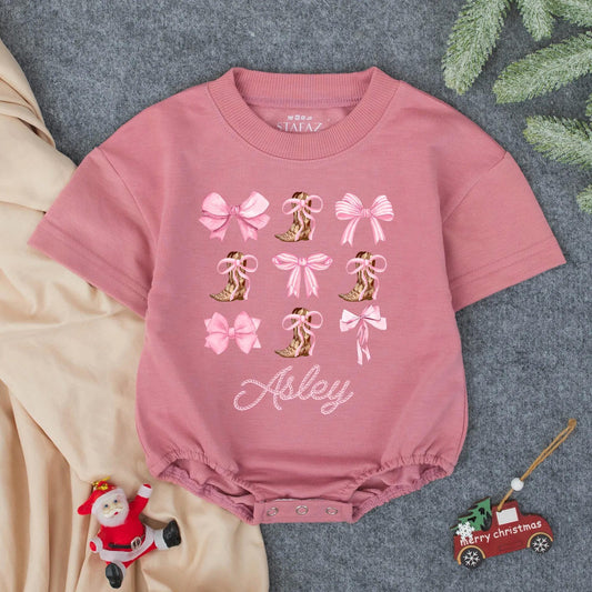 Custom Asley Cowgirl Boots Bows Romper Whimsical Western Baby Girl Outfit Summer Shower Gift Toddler Clothes