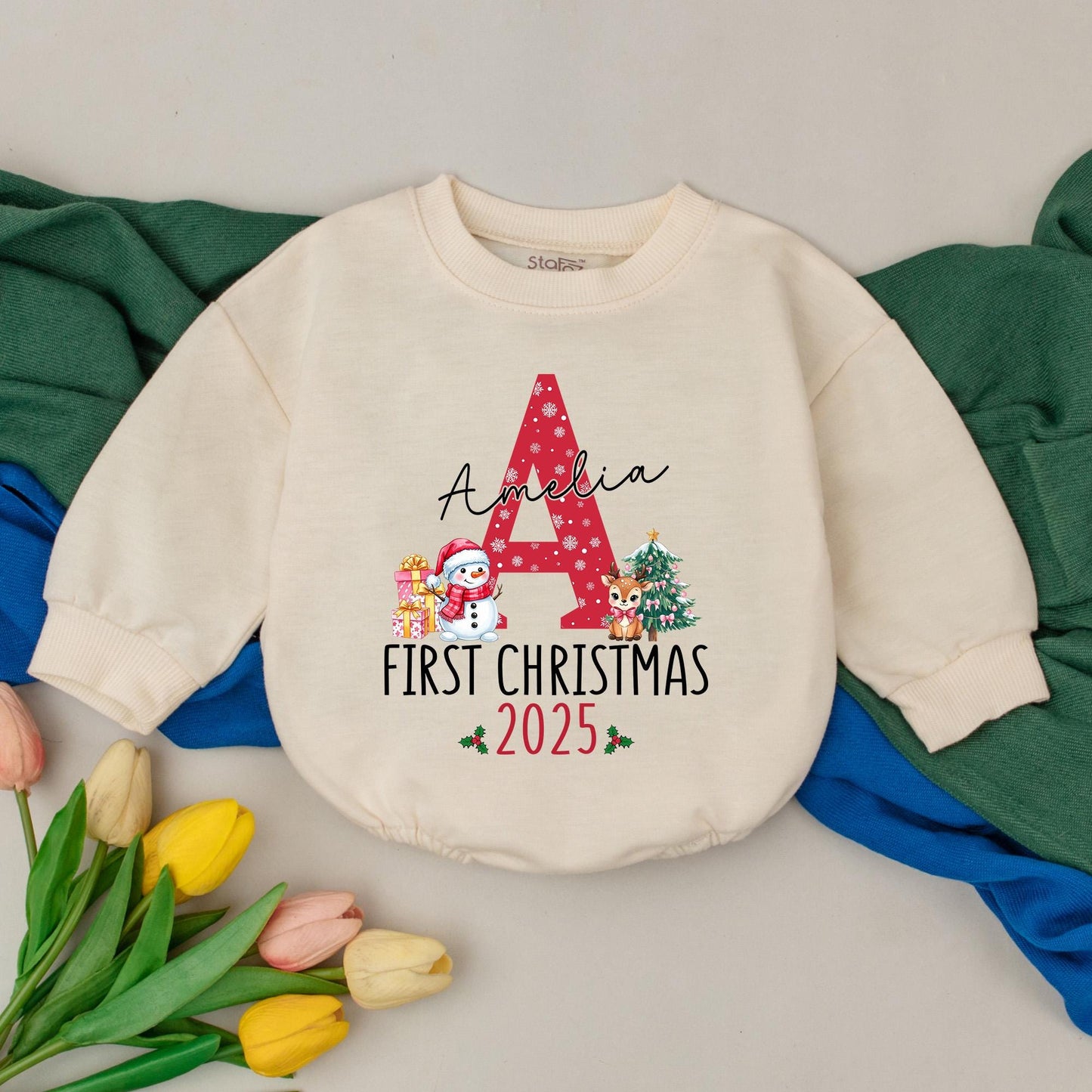 Amelia's First Christmas Baby Romper with Red A Snowflake Custom Name 2025 Holly Snowman Reindeer Baby Clothes Winter Outfit