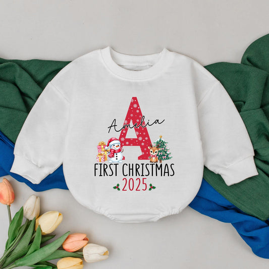 Amelia's First Christmas Baby Romper with Red A Snowflake Custom Name 2025 Holly Snowman Reindeer Baby Clothes Winter Outfit
