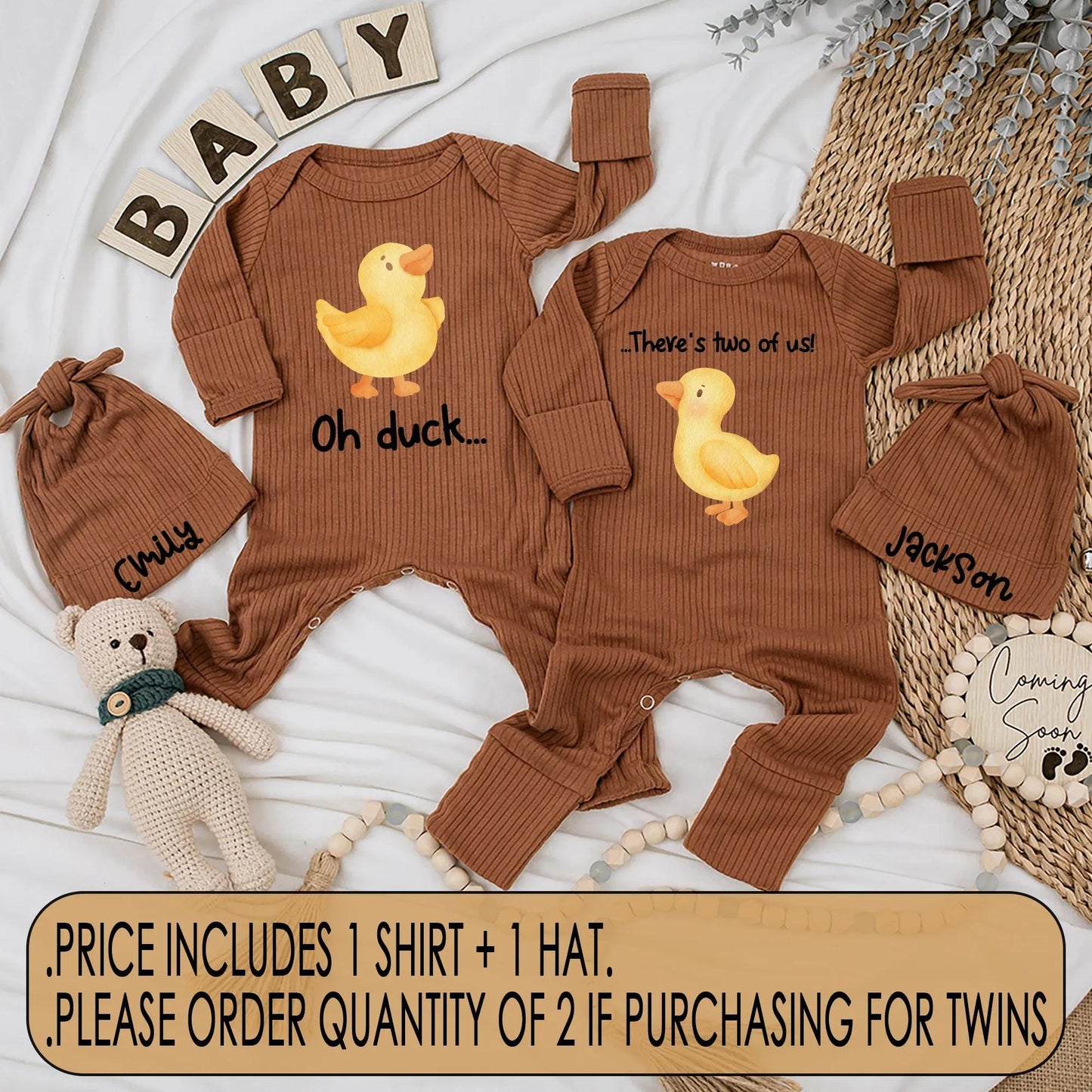 Cute Twin Baby Bodysuits Set: Oh Duck There's Two Of Us! Matching Newborn Outfits, Funny Chick Shower Gift Clothes, Unique Duckling Design (138 chars)