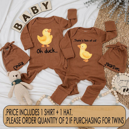 Cute Twin Baby Bodysuits Set: Oh Duck There's Two Of Us! Matching Newborn Outfits, Funny Chick Shower Gift Clothes, Unique Duckling Design (138 chars)