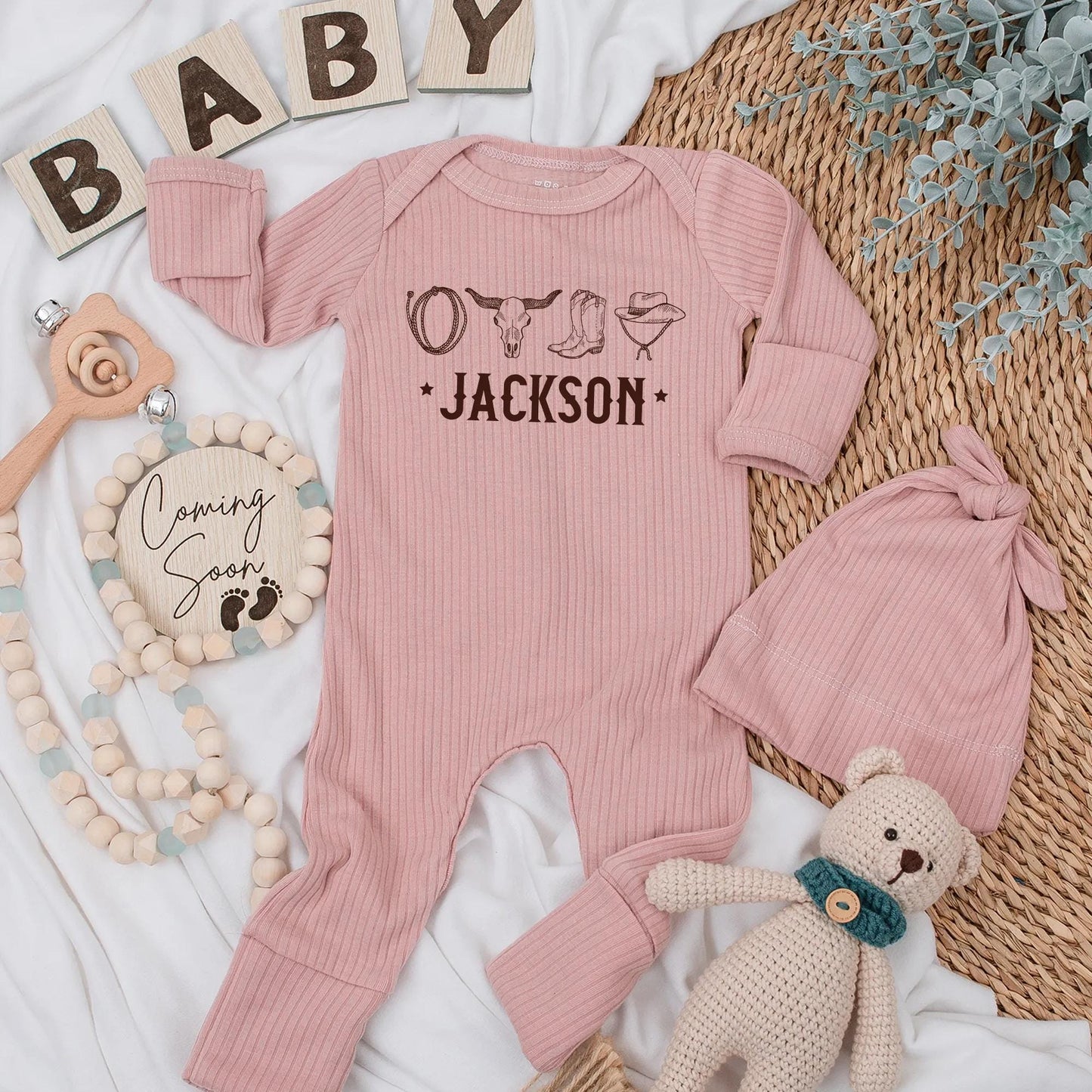 Personalized Western Baby Bodysuit Newborn Boy Name Jackson Rustic Cowboy Lasso Bull Skull Hat Boots Design Brown Stars Shower Gift